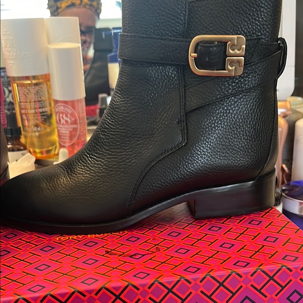 Black Leather Boots with Gold Buckle